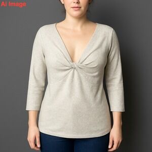 Ann Taylor Cashmere Twist Front Sweater Women Lg 3/4 Sleeve Gray Minimalist Soft